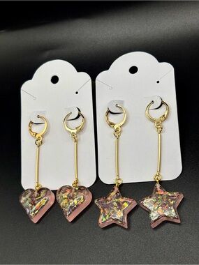 Hearts and Stars Dangle Earrings- Pink Iridescent